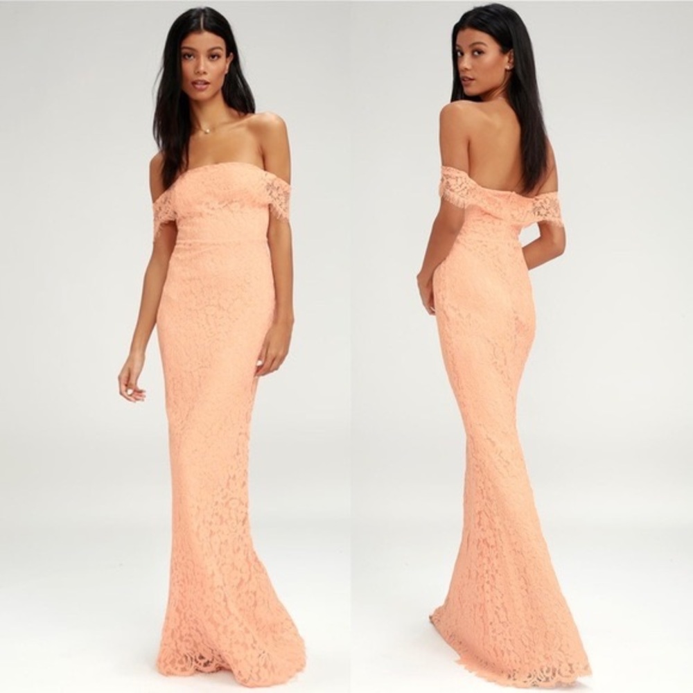 Lulus Romantic Heart Blush Pink Lace Off-the-Shoulder Maxi Dress